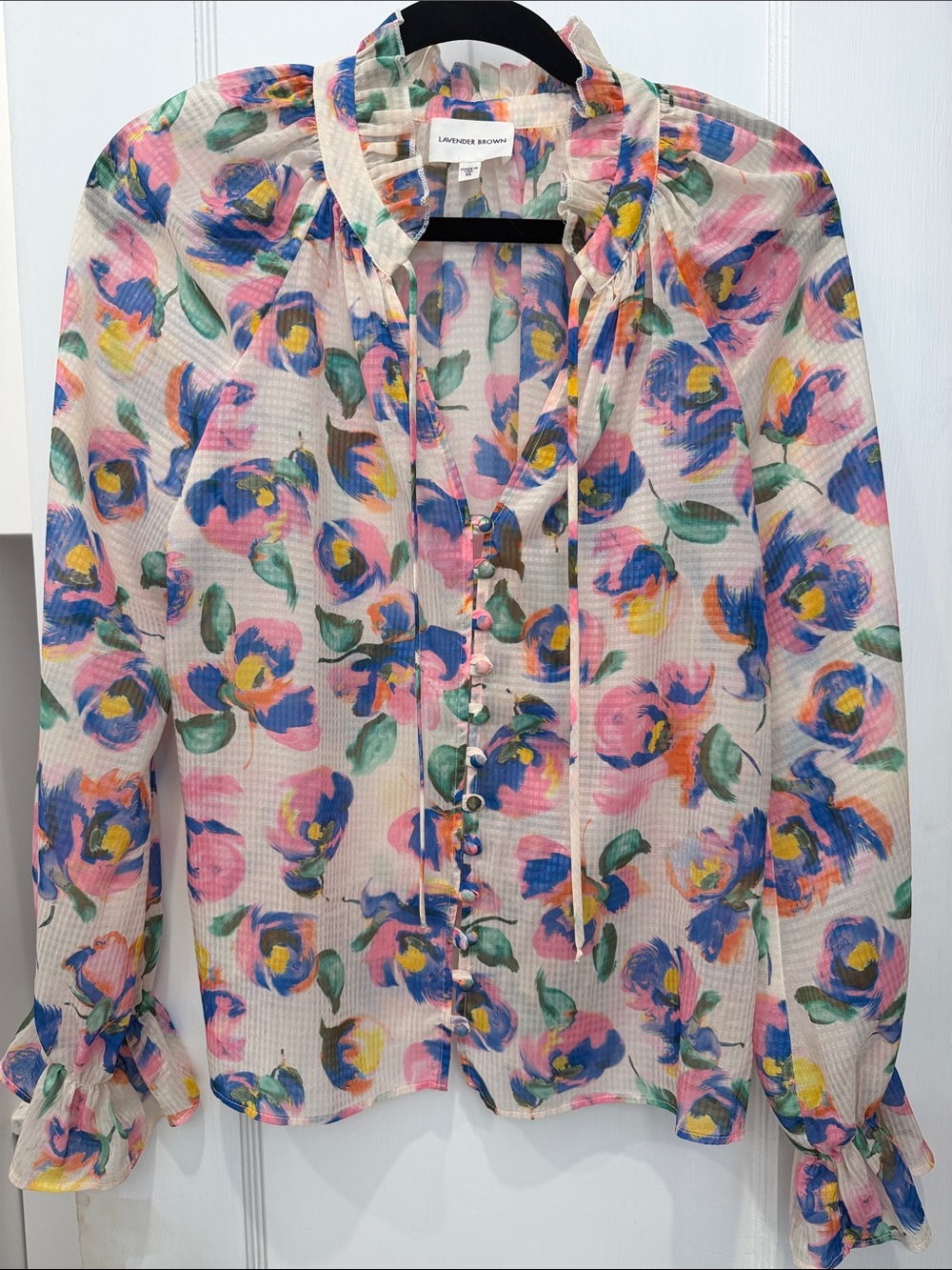 Lavender Brown Sheer Floral Ruffle Tie-Neck Blouse - Pink Blue Green Yellow